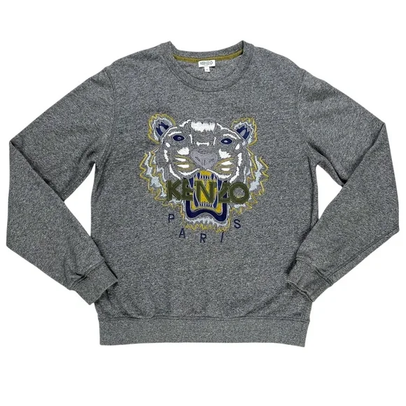 KENZO Tiger Head Embroidered Gray Crewneck Sweatshirt Size Medium